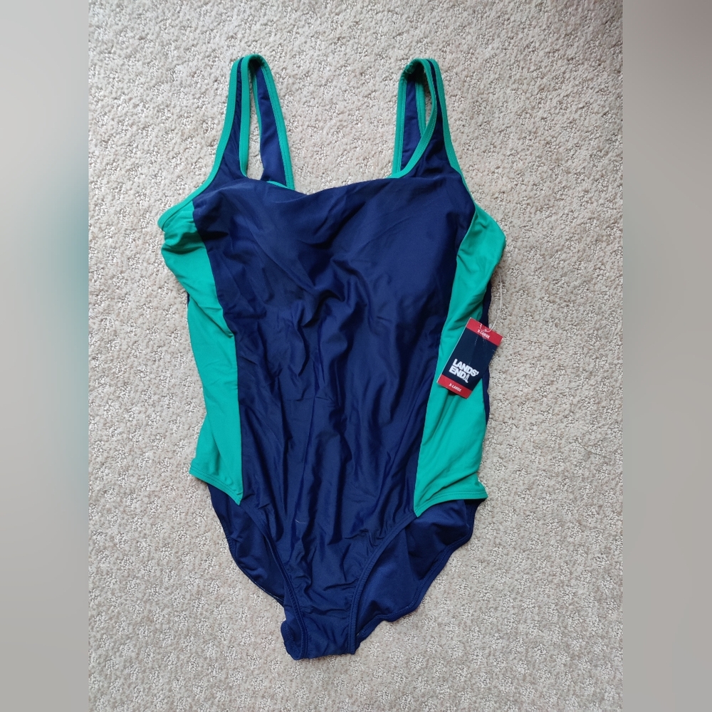 Lands' End Women's Navy and Emerald One Piece Swimsuit
